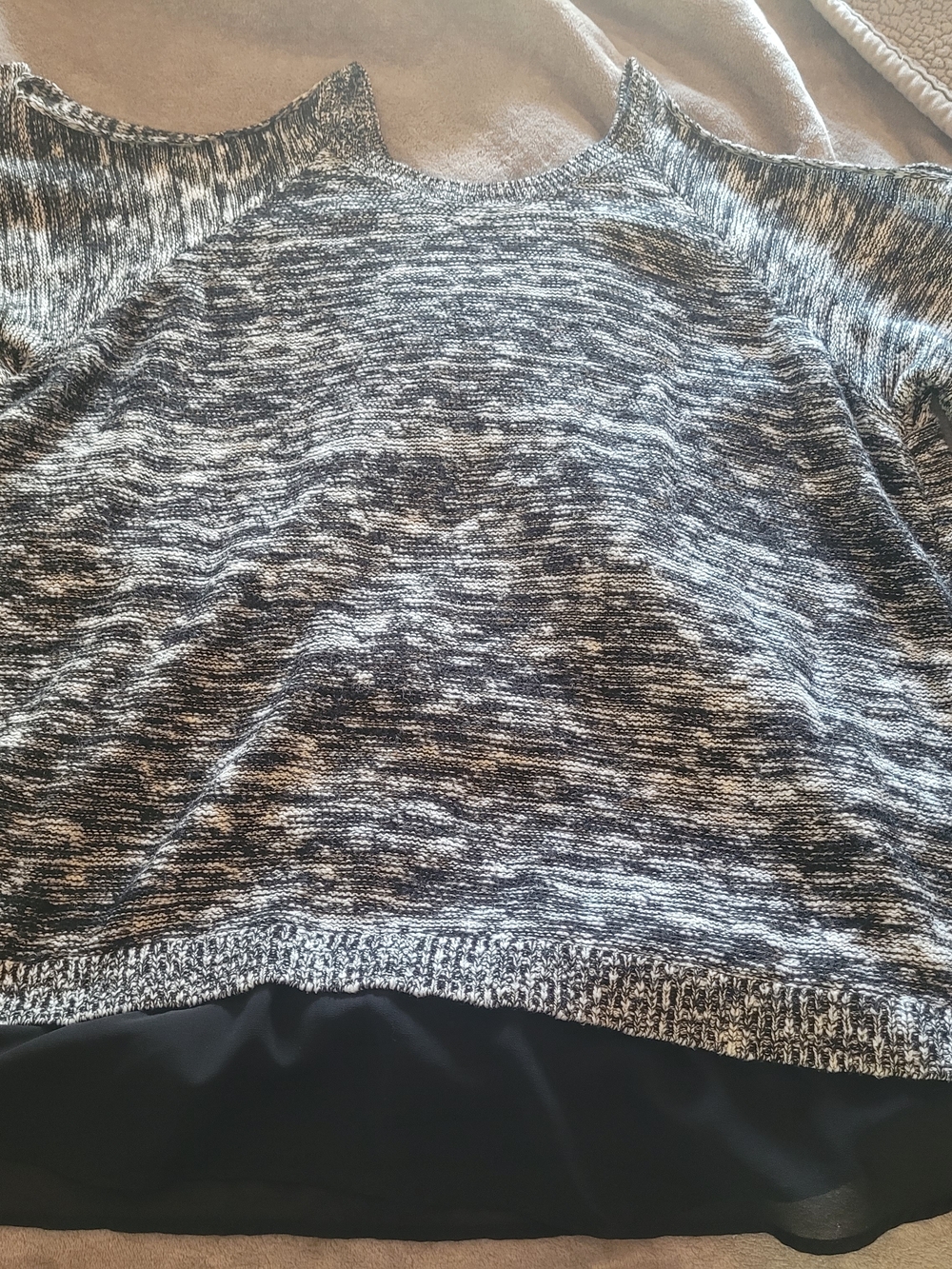 Off-the-Shoulder Marled Knit Sweater with Chiffon Hem - Black & White
